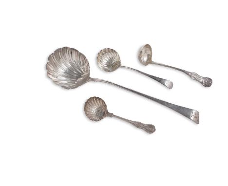 A George III silver soup ladle, Old English pattern with shoulders, crested, marks distorted, London c.1765; a Scottish silve