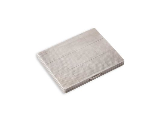 An art deco silver cigarette case, rectangular with engine-turned decoration, with a grid pattern on the interior and exterio
