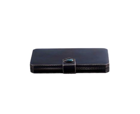 A continental art deco silver and black enamel cigarette case of canted regular form, with marcasite and turquoise-set clasp 