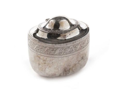 A late Victorian silver tea caddy, oval with bright-engraved borders and domed cover, by Martin and E. Hall, Sheffield 1890, 