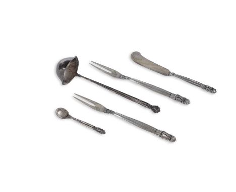 Danish Acorn pattern silver flatware to include: a small ladle, two forks, a coffee spoon and a butter spreader, all with Eng