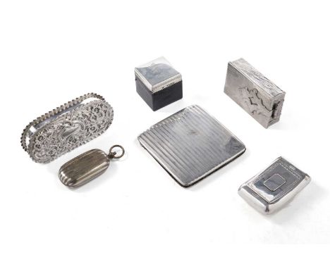 Miscellaneous boxes: a Victorian mounted silver inkwell, with a sprung cover and leather-clad body, initialled ‘R A G’, maker
