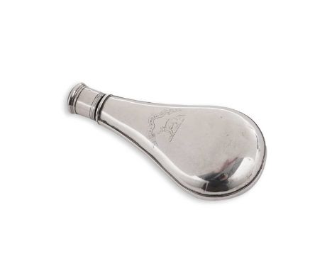 An early Victorian silver spirit flask in the form of a shot or powder flask, engraved with a crest below the motto ‘PRO DEO 