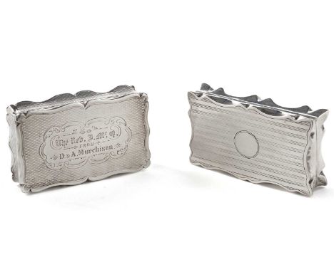 A Victorian silver snuff box, of shaped oblong outline with engine turned decoration, the cartouche inscribed ‘The Rev I. McQ