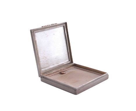 An Elizabeth II silver powder compact, square with engine-turning, and a chased gold thumbpiece, the interior with an inscrip