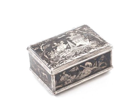 An mid-18th century continental silver and niello work snuff box, with two interior comportments and concealed hinges giving 