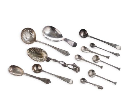 A mixed lot of small silver spoons: a naturalistic teaspoon with a gilt bowl, maker’s mark ‘WB’, London 1836; a Britannia-sta