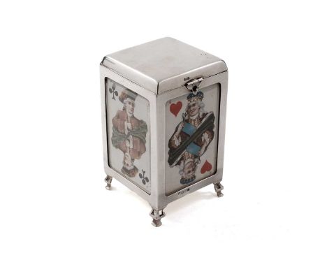 An Edwardian silver playing cards box on four pierced feet, each panel inset with a coloured playing card (behind glass), the