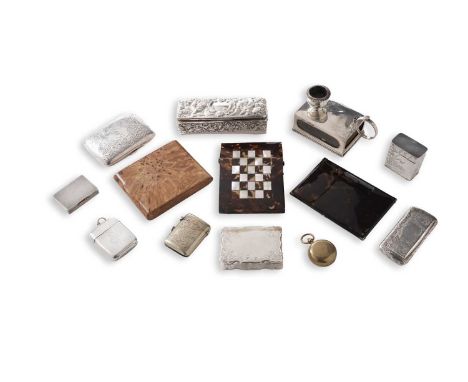 Boxes: two Victorian silver snuff boxes, a Japanese silver cachou box with engraving; a silver vesta case, inscribed; an Eliz