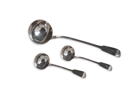 A Victorian silver Fiddle pattern soup ladle; and a pair of matching sauce ladles, all initialled ‘S’, by George Adams, Londo