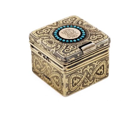 A Victorian silver gilt vesta case of cuboid form, engraved all over with formal scroll work against a malt ground, the hinge