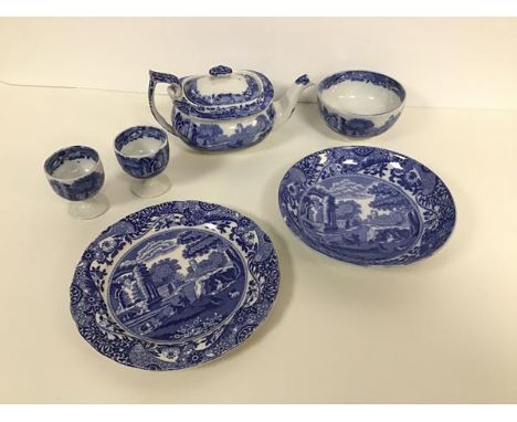 A group of Copeland Spode Italian pattern china including a bachelor's teapot (h.9cm x 18cm x 10cm), a tea bowl, a plate with