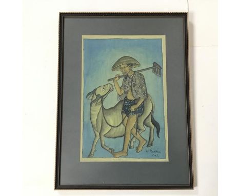 W. J. Punduh, Portrait of a Farmer with Ox, painted cloth panel, signed bottom right (31cm x 21cm)
