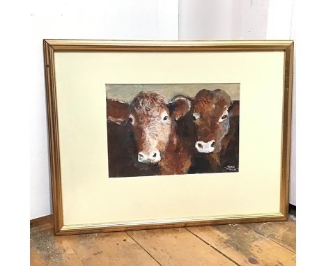 George McMillan, Portrait of Two Brown Cows, mixed media, signed bottom right (19cm x 27cm)