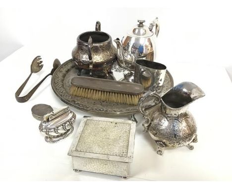 An Epns milk jug and sugar basin, a plated morning teapot, an Epns waiter (d.31cm), a Queen Anne Ronson Crown table lighter, 