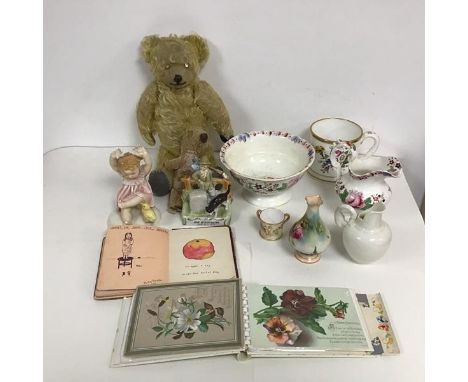 A mixed lot including two teddy bears (worn), a Dick Whittington and his cat ceramic figurine, a figurine of Young Girl, stam