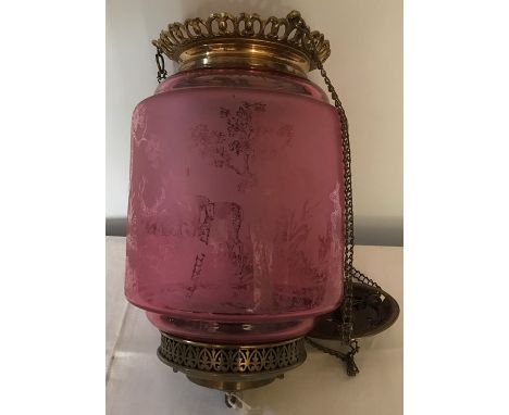 Brass and pink glass hanging ceiling light, shade with acid etched decoration, woodland scene with deer, approx 20cms w x 34c