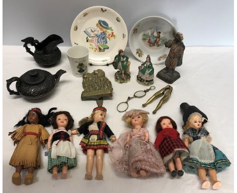 Miscellany to include vintage costume dolls, brass legs nutcrackers, spectacles, black basalt teapot &amp; jug, spelter Abrah