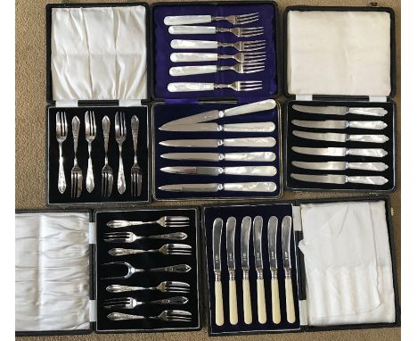 Selection of cased silver plated cake knives and forks some with mother of pearl handles, Viners, Walker and Hall and BBS Ltd