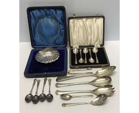 Silver dish, Sheffield 1913. 58.4gms together with various silver teaspoons, serving spoons, etc. 450gms. 