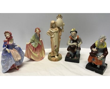 Two Royal Doulton figures, Suzette HN1577, Sweet Anne HN1990, a Royal Worcester figure reg number 5446 and a pair of pottery 