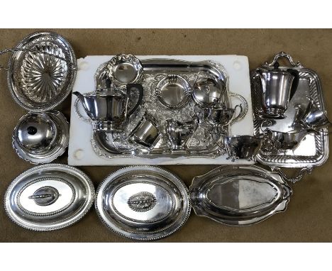 A quantity of good quality plated ware including Harrods Copeland Spode preserve dish, entree dishes, muffin dish, tea servic