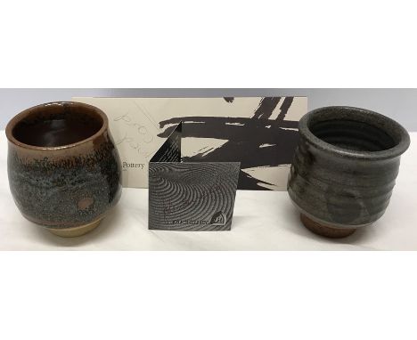 Leach Pottery Studio glazed vase, 9cms h with signed card Leach? together with a small Studio Pottery vase, 8.5cms h. 