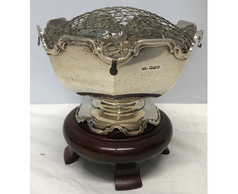 Mappin and Webb hallmarked silver rose bowl on wooden base stand, bowl diameter 16cms, approx 403.4gms. 