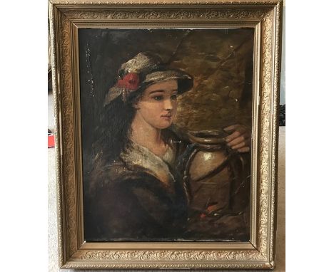 A gilt framed oil painting on canvas, unsigned, portrait of a young lady, 61 x 51cms.