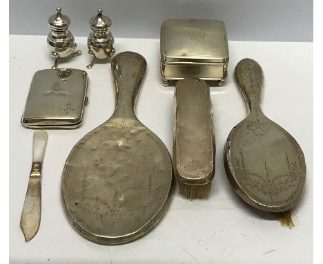 Various silver items including dressing table set a/f, cigarette case, pepper pots etc. 