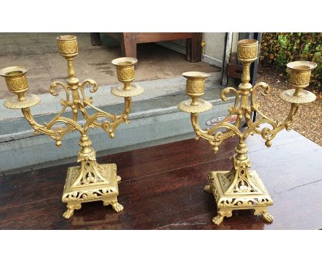 Pair brass 3 branch candelabra. 29cms h. 