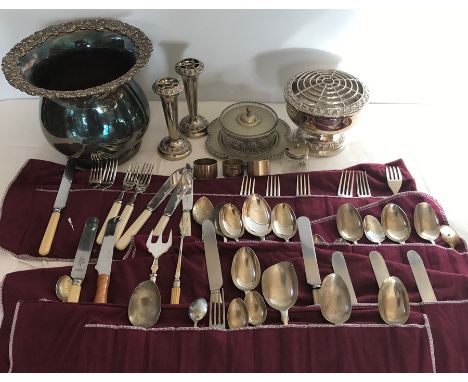 Selection of silver plated ware, assorted cutlery, rose bowl, vases, bottle stand etc. 