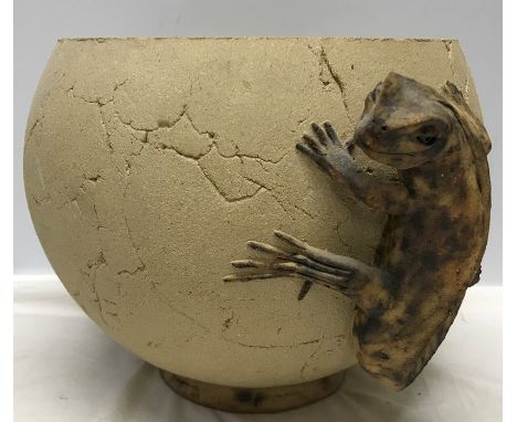 Studio art pottery planter with Lizard decoration, signed to base indistinctly, E Moore? Circa 2001. 