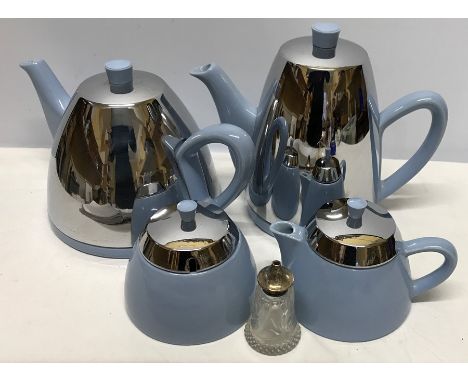 Meat Masters tea service (crack to handle) with silver topped glass salt. 