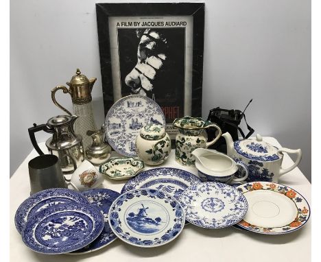 A mixed lot to include Masons jug, ginger jar and dish, blue and white teapot, plates, glass claret jug, silver plate and Cor