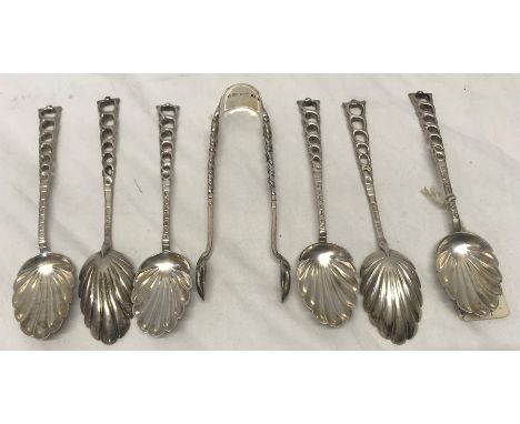 Set of six silver teaspoons with tongs. Shell bowl. S and I, Birmingham 1888. 87gms. 