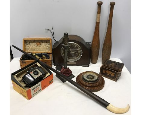 A mixed lot including Smith electric oak cased clock, oak barometer, Magneto electric shock machine (missing motor) for nervo