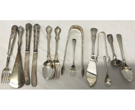 Selection of silver, spoons, tongs, condiment spoons, fish knife and forks, approx 227.6gms together with a silver handled sh