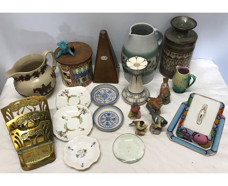 A mixed lot to include a metronome, brass letter/inkstand. Gantofta Sweden biscuit barrel, relief moulded jug Denby vase, She