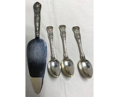 Three hallmarked silver Kings pattern teaspoons, London 1833, 102 gms and a silver handled cake knife. 