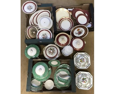 Three boxes, quantity of assorted dinnerware. Tureens, dinner and meat plates, Crescent ware, Ducal, Spode leaf bowls. Indian