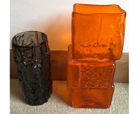 Waterford glass drunken bricklayer, 33cms h, crack to top with mid century grey bark effect vase. 