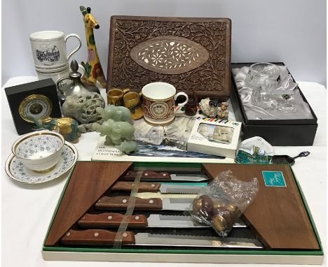 Mixed lot, carved teak box, Edinburgh Crystal, Hangford Forge carving set, puzzle and jadeite elephants, place mats, slate ba
