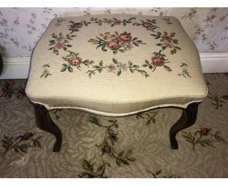 Victorian cabriole leg stool, walnut with needlework top. 64 w x 46cms h. 