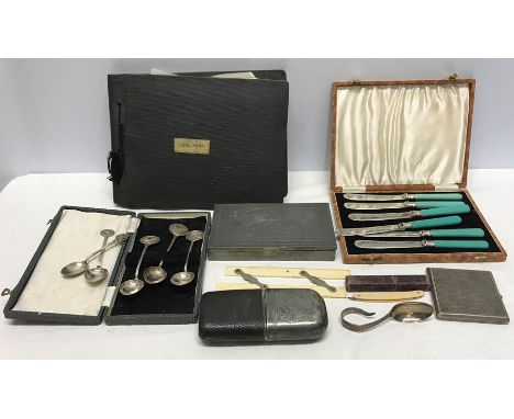 Miscellany to include hip flask, mid 20thC Hong Kong photograph album, various continental silver spoons, Kowloon bowling gre