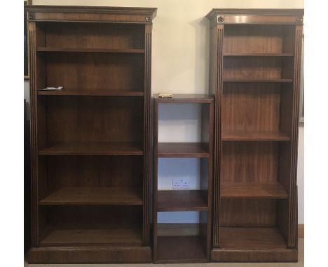 Two good quality modern mahogany bookcases. 192 h x 94 w x 35cms d. 192 h x 70 w x 35cms d with smaller shelf unit 125 h x 44
