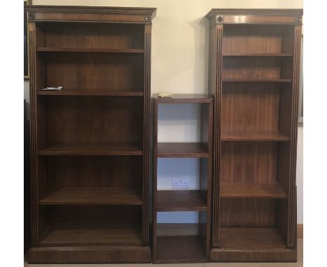 Two good quality modern mahogany bookcases. 192 h x 94 w x 35cms d. 192 h x 70 w x 35cms d with smaller shelf unit 125 h x 44