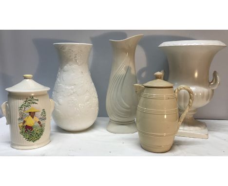 Selection of white pottery inc Sylvac tea caddy, Wedgwood and Belleek vases, Shorter urn vase and a Victorian Burton lidded j