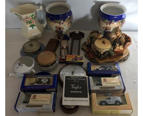 A mixed lot to include pair of vases a/f, Ringtons jug, Naturecrat figure, barometer, diecast model vehicle etc.