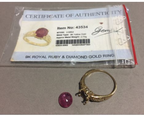 A 9 ct gold ruby and diamond set ring (stone loose), together with certificate 